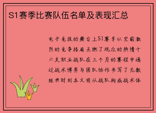 S1赛季比赛队伍名单及表现汇总