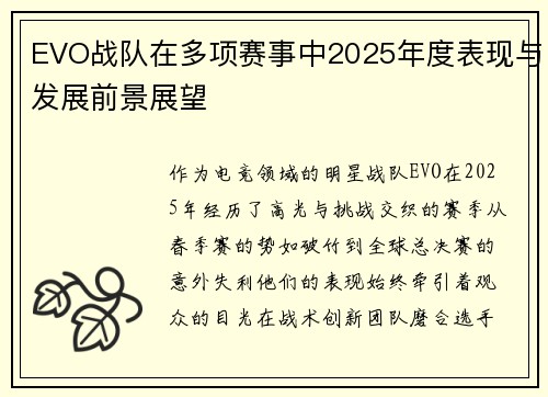 EVO战队在多项赛事中2025年度表现与发展前景展望